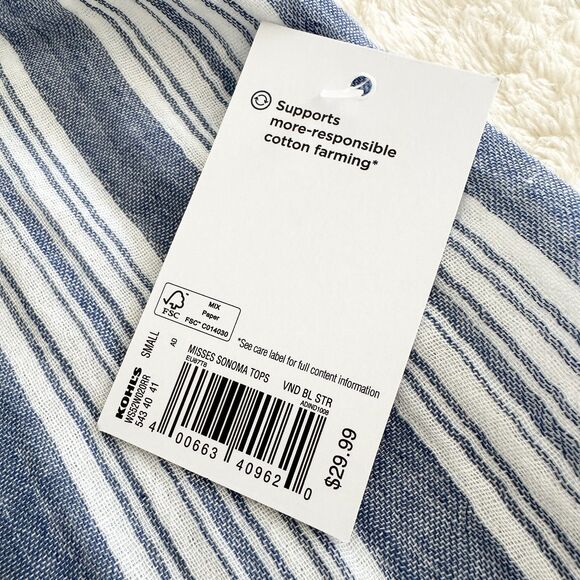 NWT Sonoma Sleeveless Top Size S Blue White Stripe Tank Top 100% Cotton - Picture 6 of 10